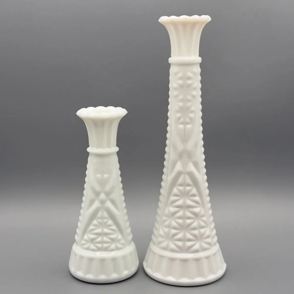 Vintage Milk Glass Bud Vases Set Of 2 Diamond Pattern Scalloped Rim